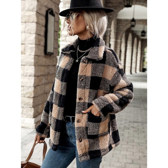 . Jackets & Blazers - LAST 1 ❤️ Black brown Buffalo Plaid Dual Pocket fuzzy teddy Coat preppy